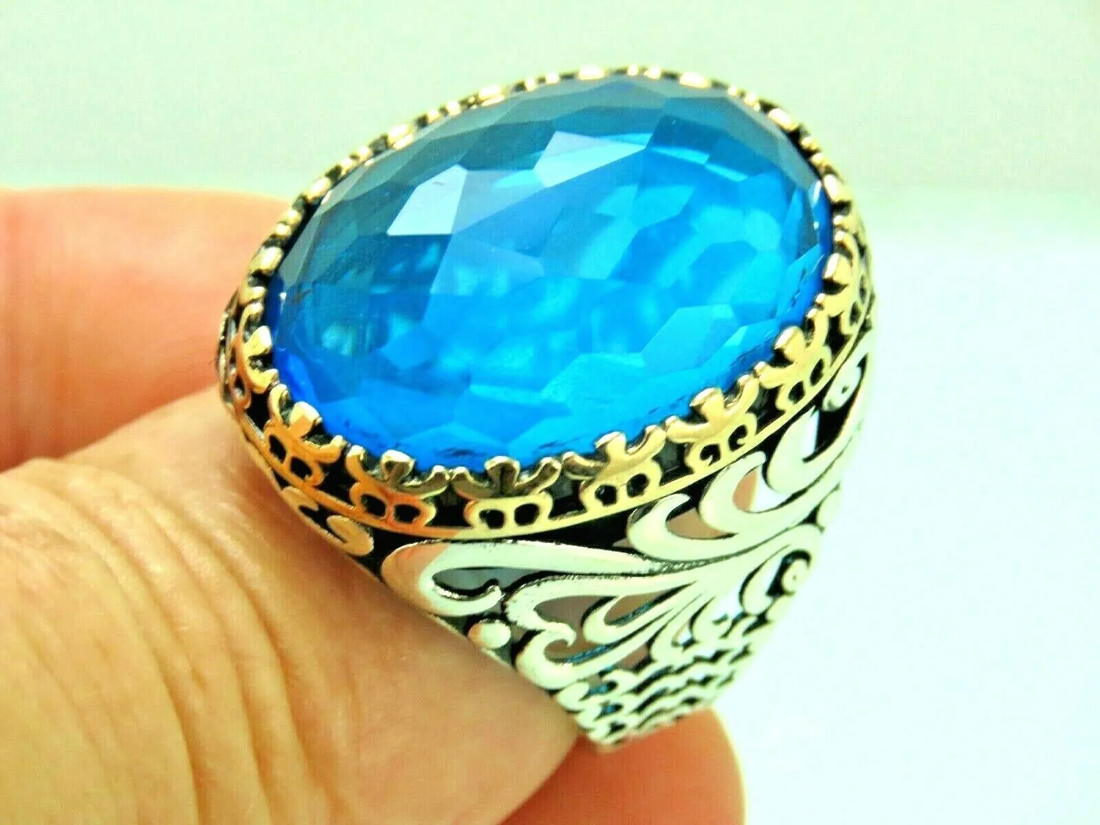 Turkish Handmade Jewelry 925 Sterling Silver Aquamarine Stone Mens Rings