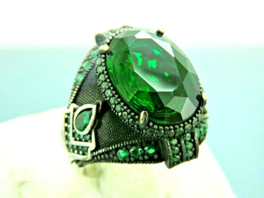 Turkish Handmade Jewelry 925 Sterling Silver Emerald Stone Mens Rings