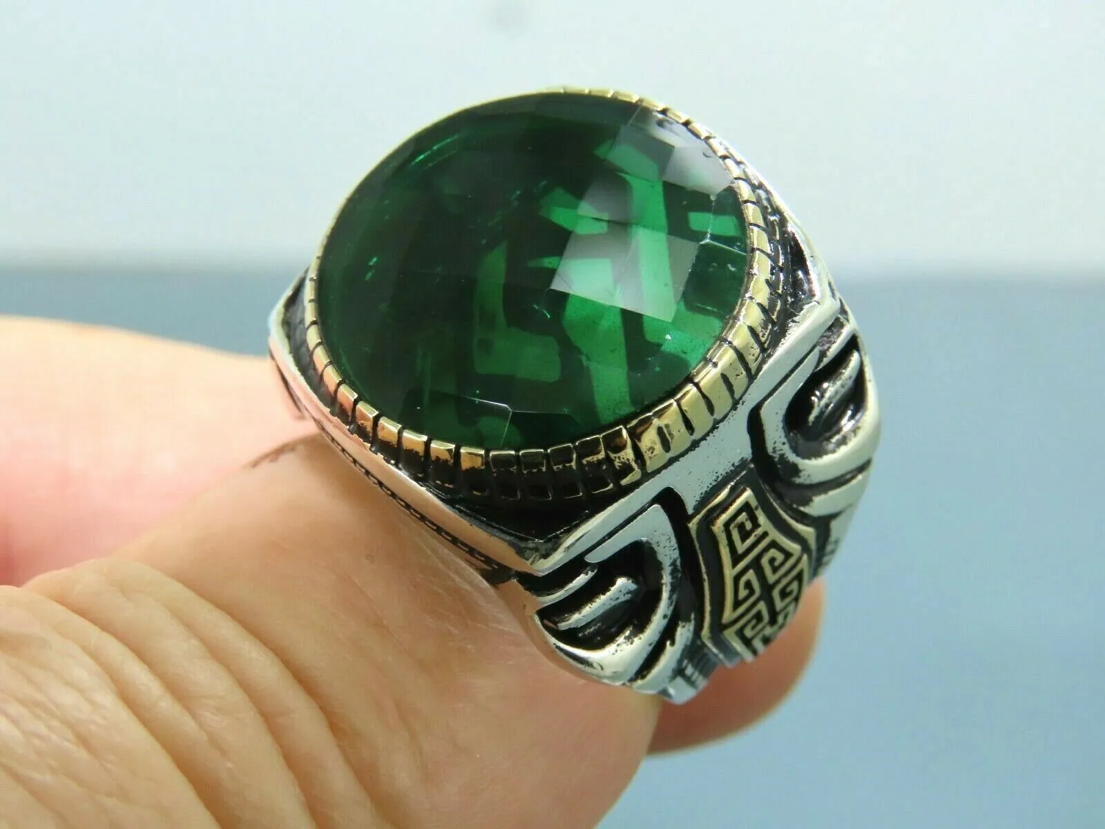 Turkish Handmade Jewelry 925 Sterling Silver Emerald Stone Mens Rings