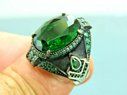 Turkish Handmade Jewelry 925 Sterling Silver Emerald Stone Mens Rings