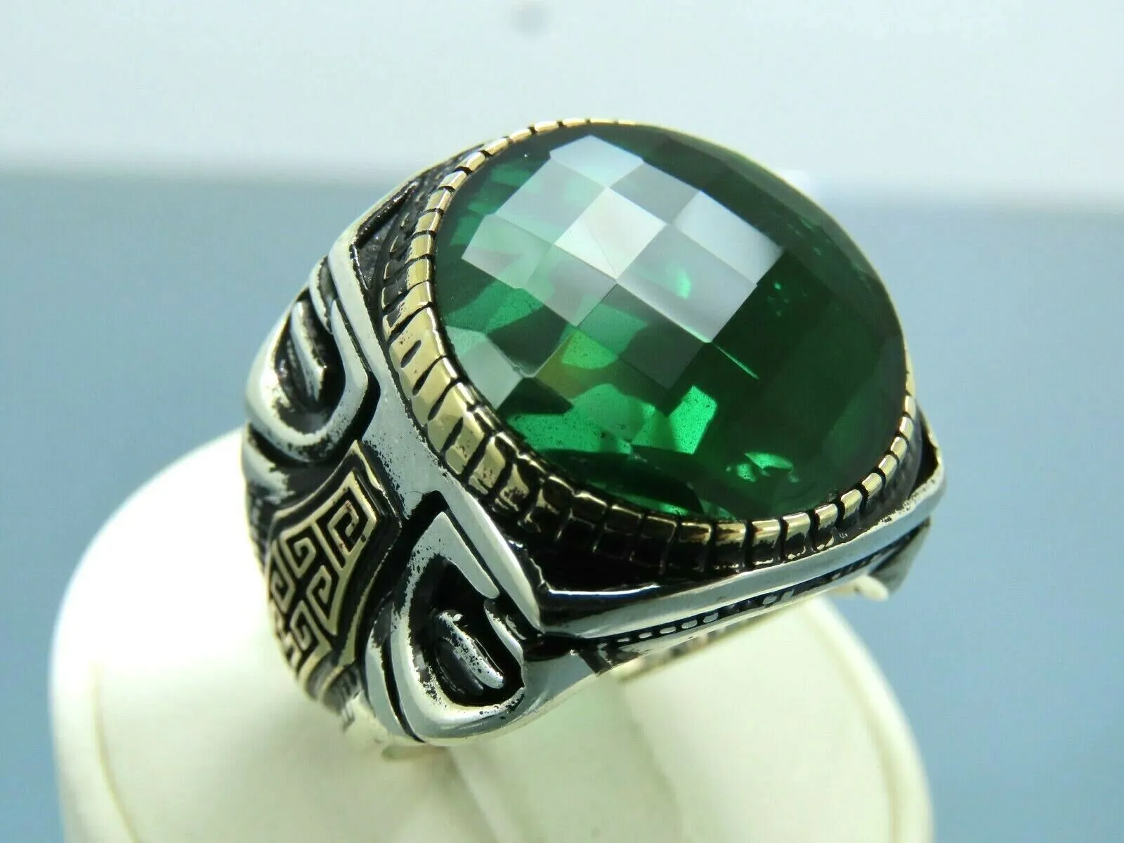 Turkish Handmade Jewelry 925 Sterling Silver Emerald Stone Mens Rings