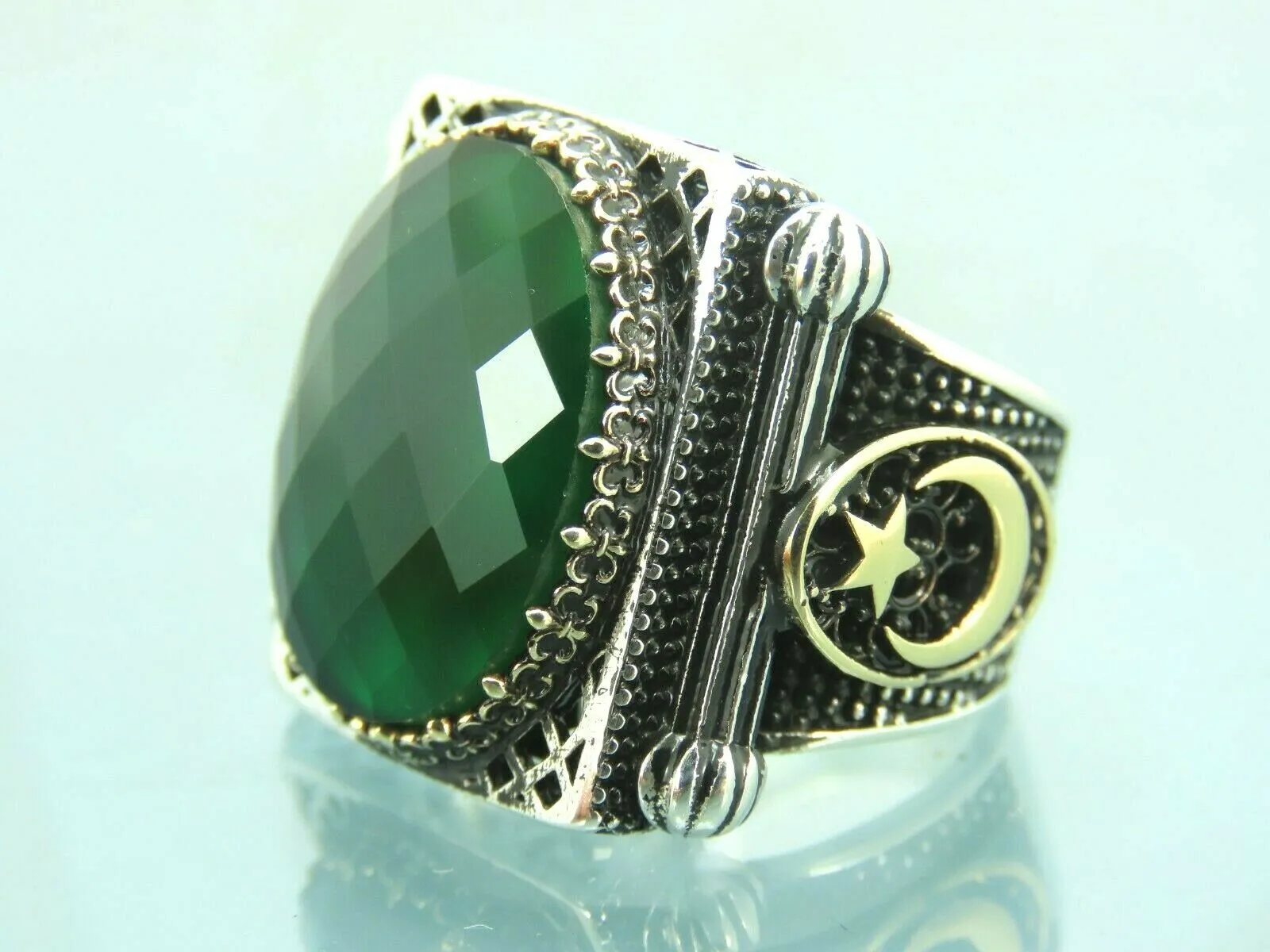 Turkish Handmade Jewelry 925 Sterling Silver Emerald Stone Mens Rings