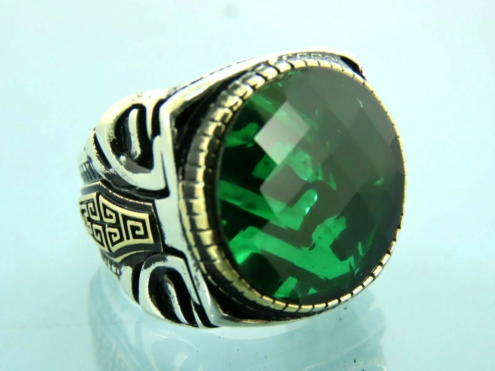 Turkish Handmade Jewelry 925 Sterling Silver Emerald Stone Mens Rings