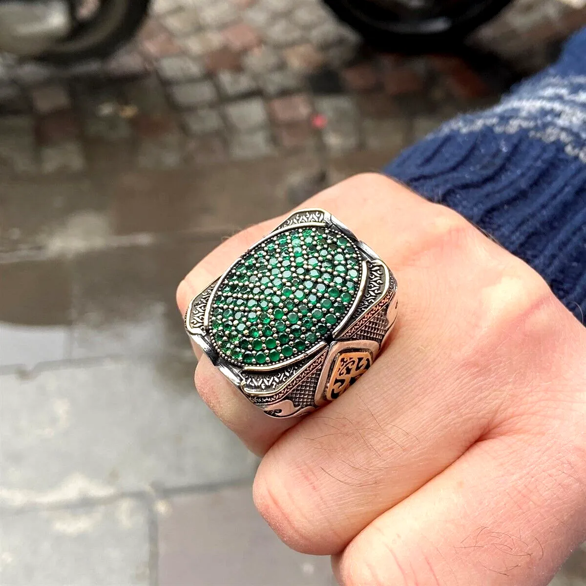 Turkish Handmade Jewelry 925 Sterling Silver Emerald Stone Mens Rings