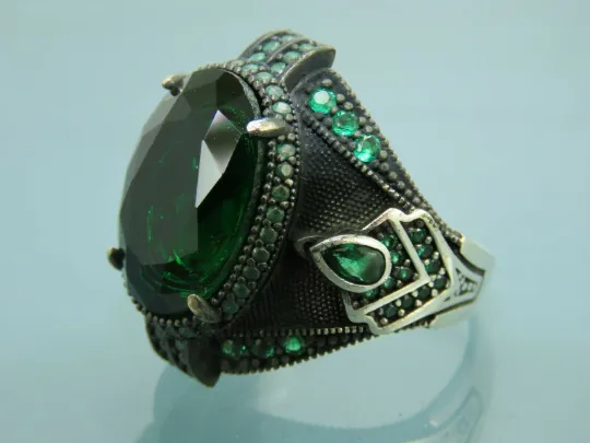 Turkish Handmade Jewelry 925 Sterling Silver Emerald Stone Mens Rings