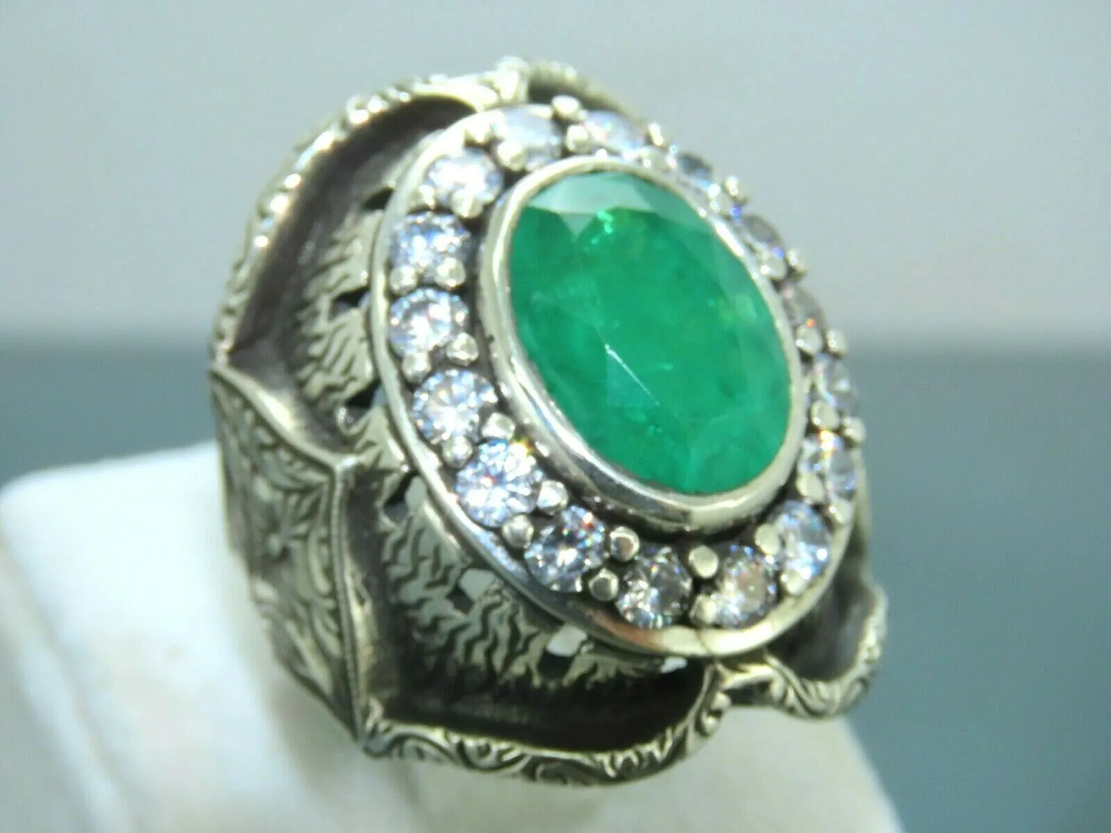 Turkish Handmade Jewelry 925 Sterling Silver Emerald Stone Mens Rings
