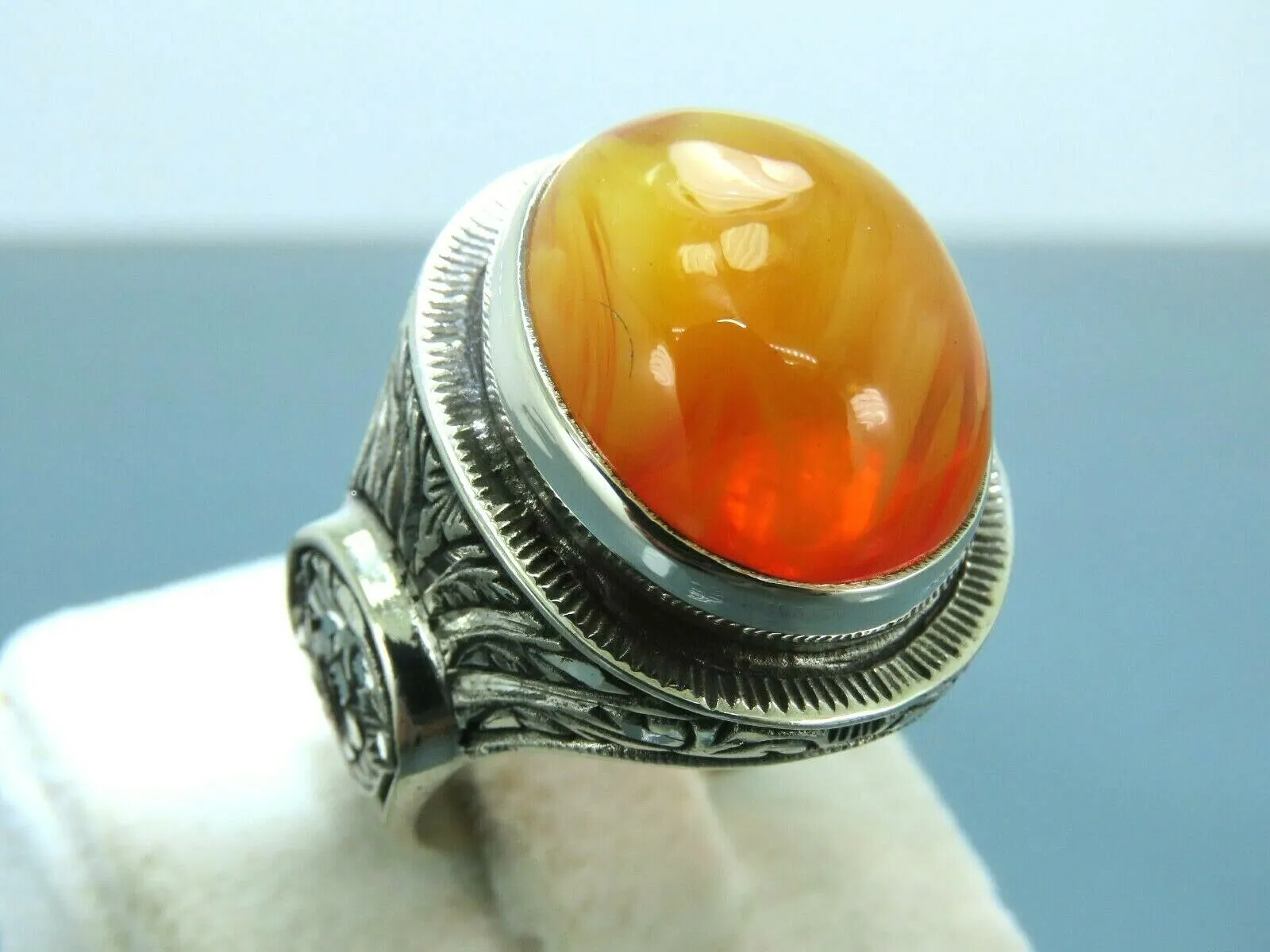 Turkish Handmade Jewelry 925 Sterling Silver Engraved Agate Stone Mens Rings