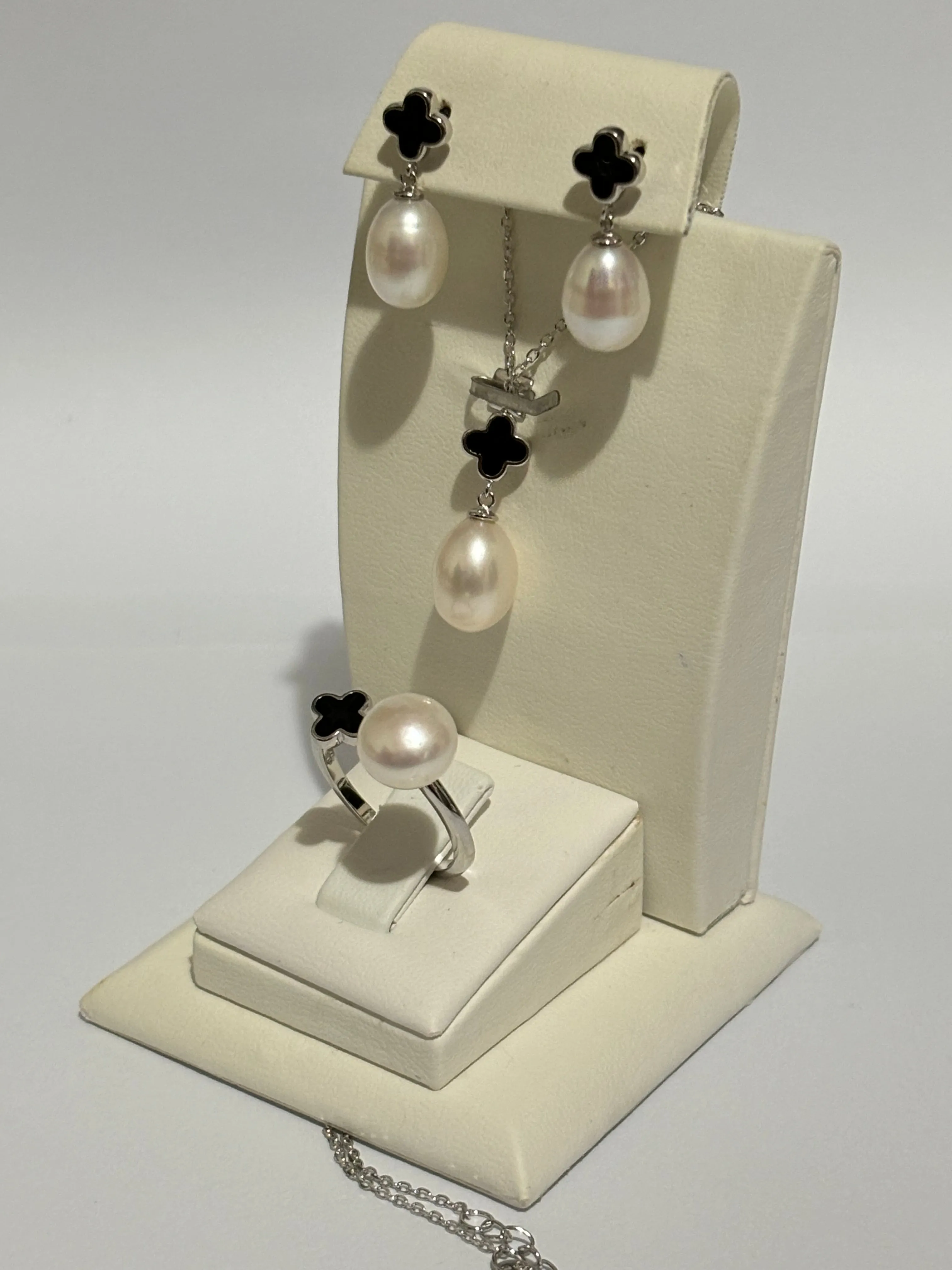 Turkish Handmade Jewelry 925 Sterling Silver Pearl Stone Women's Earrings & Ring & Pendant Jewelry Set
