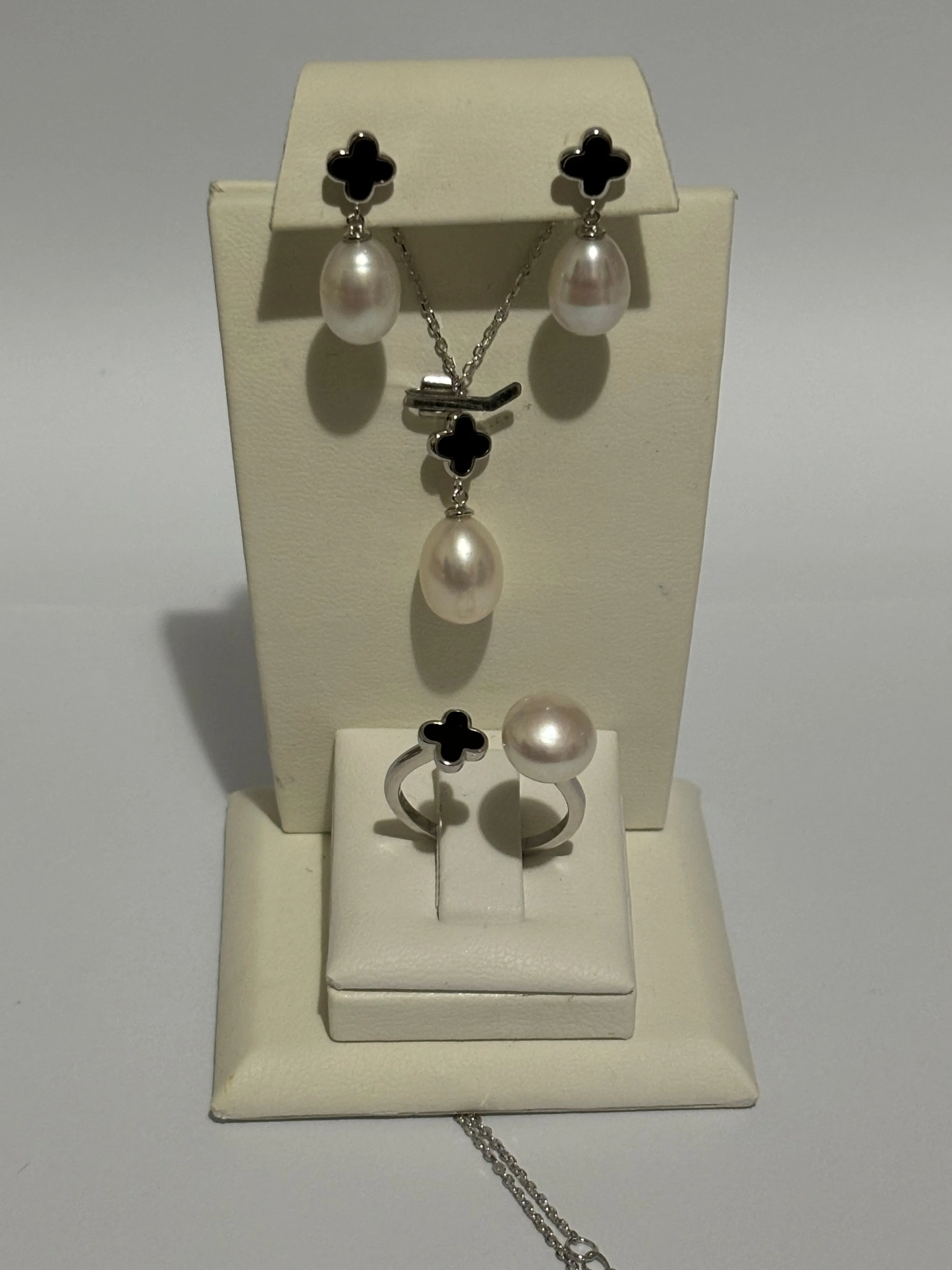 Turkish Handmade Jewelry 925 Sterling Silver Pearl Stone Women's Earrings & Ring & Pendant Jewelry Set