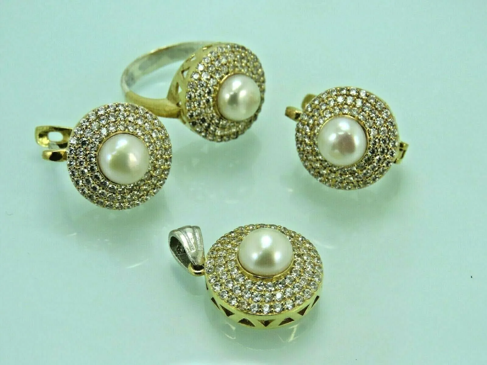 Turkish Handmade Jewelry 925 Sterling Silver Pearl Stone Women's Earrings, Pendant & Ring Jewelry Set