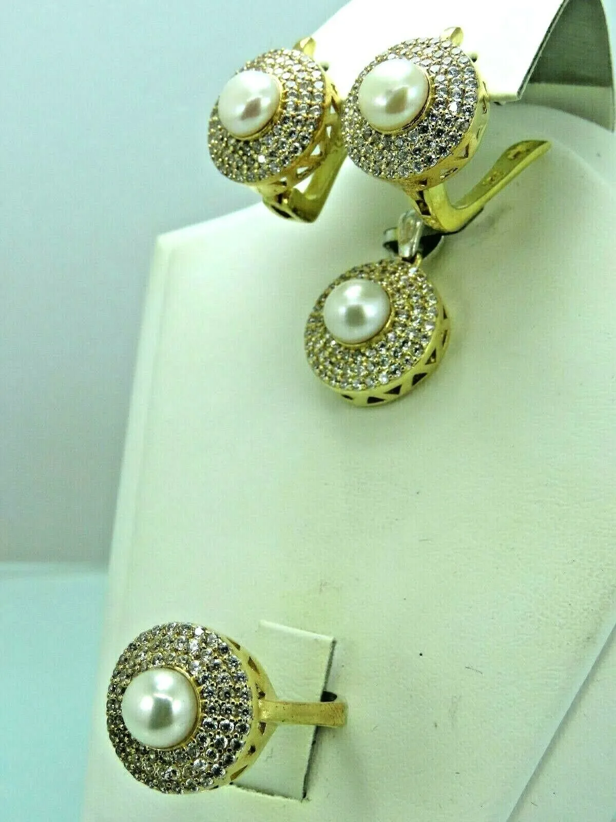 Turkish Handmade Jewelry 925 Sterling Silver Pearl Stone Women's Earrings, Pendant & Ring Jewelry Set
