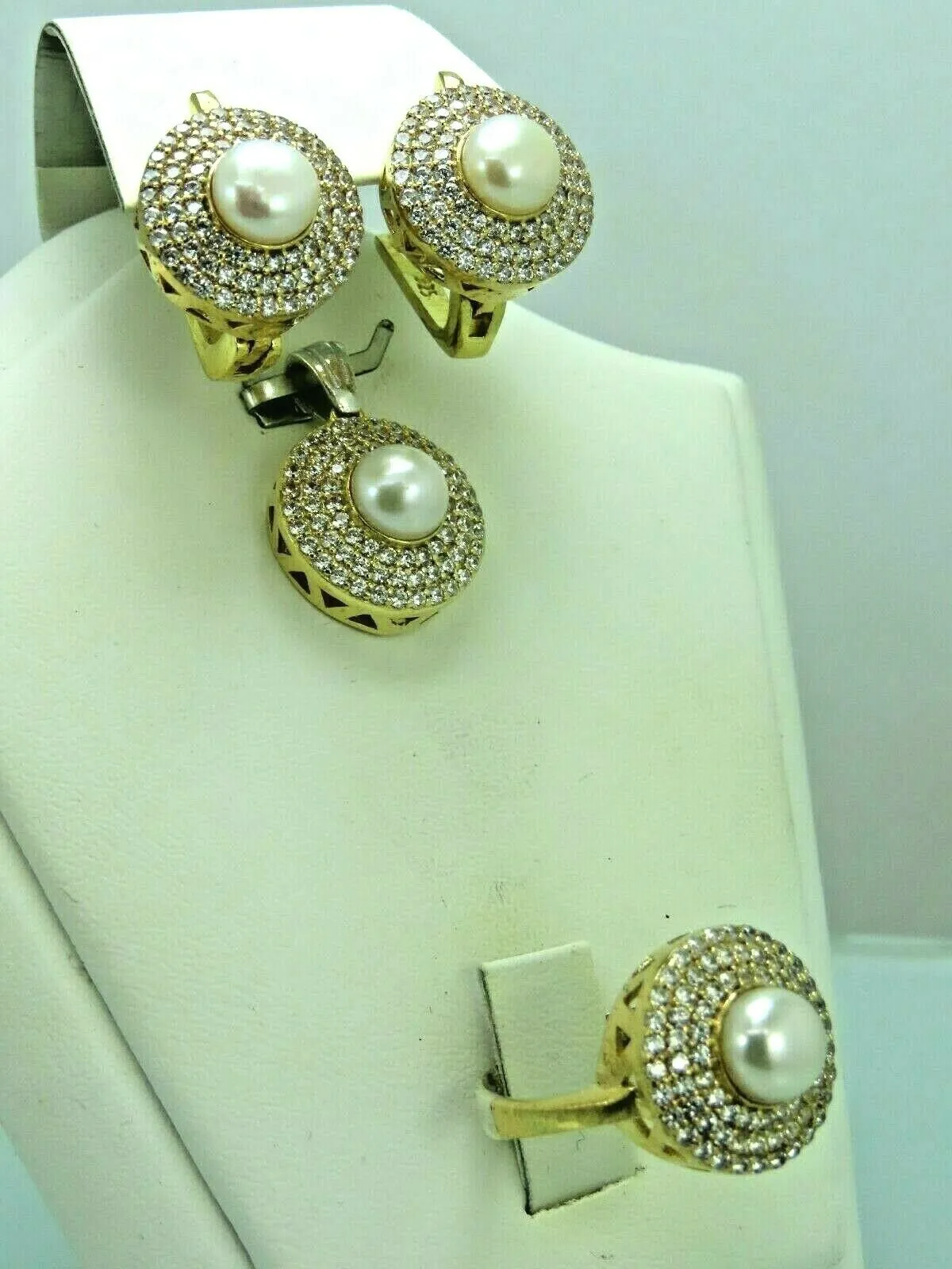 Turkish Handmade Jewelry 925 Sterling Silver Pearl Stone Women's Earrings, Pendant & Ring Jewelry Set