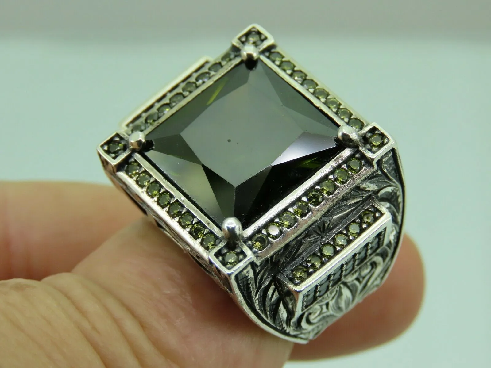 Turkish Handmade Jewelry 925 Sterling Silver Peridot Stone Men's Rings