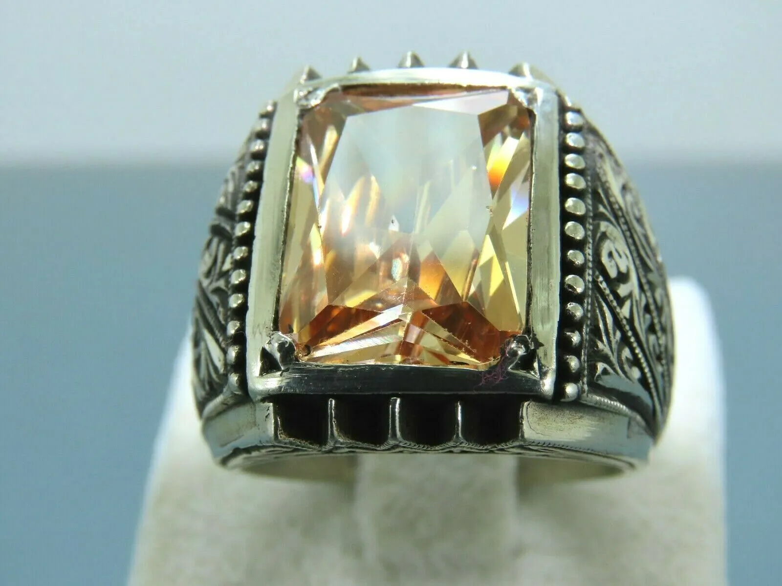 Turkish Handmade Jewelry 925 Sterling Silver Quartz Stone Engraved Mens Rings