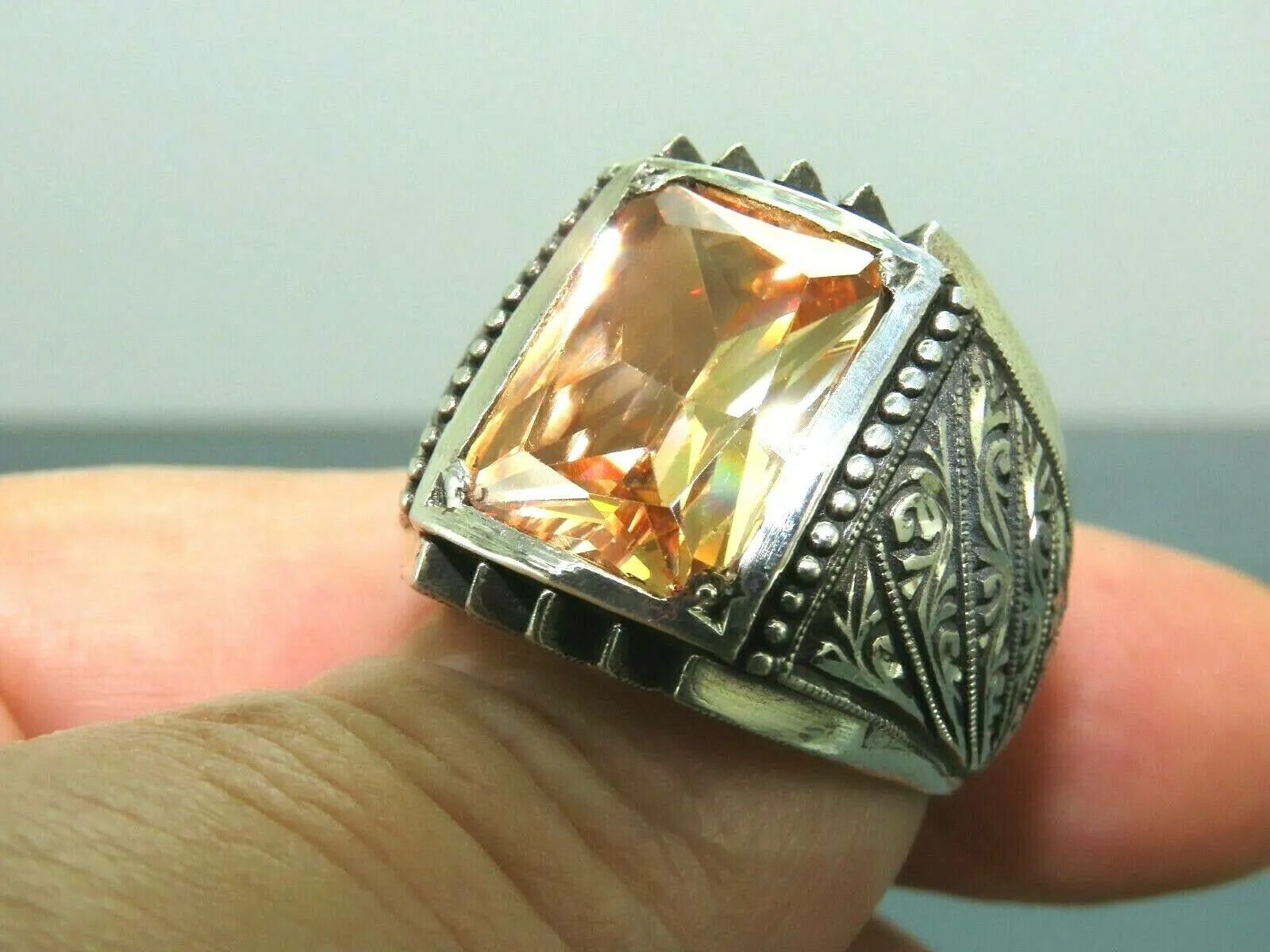 Turkish Handmade Jewelry 925 Sterling Silver Quartz Stone Engraved Mens Rings