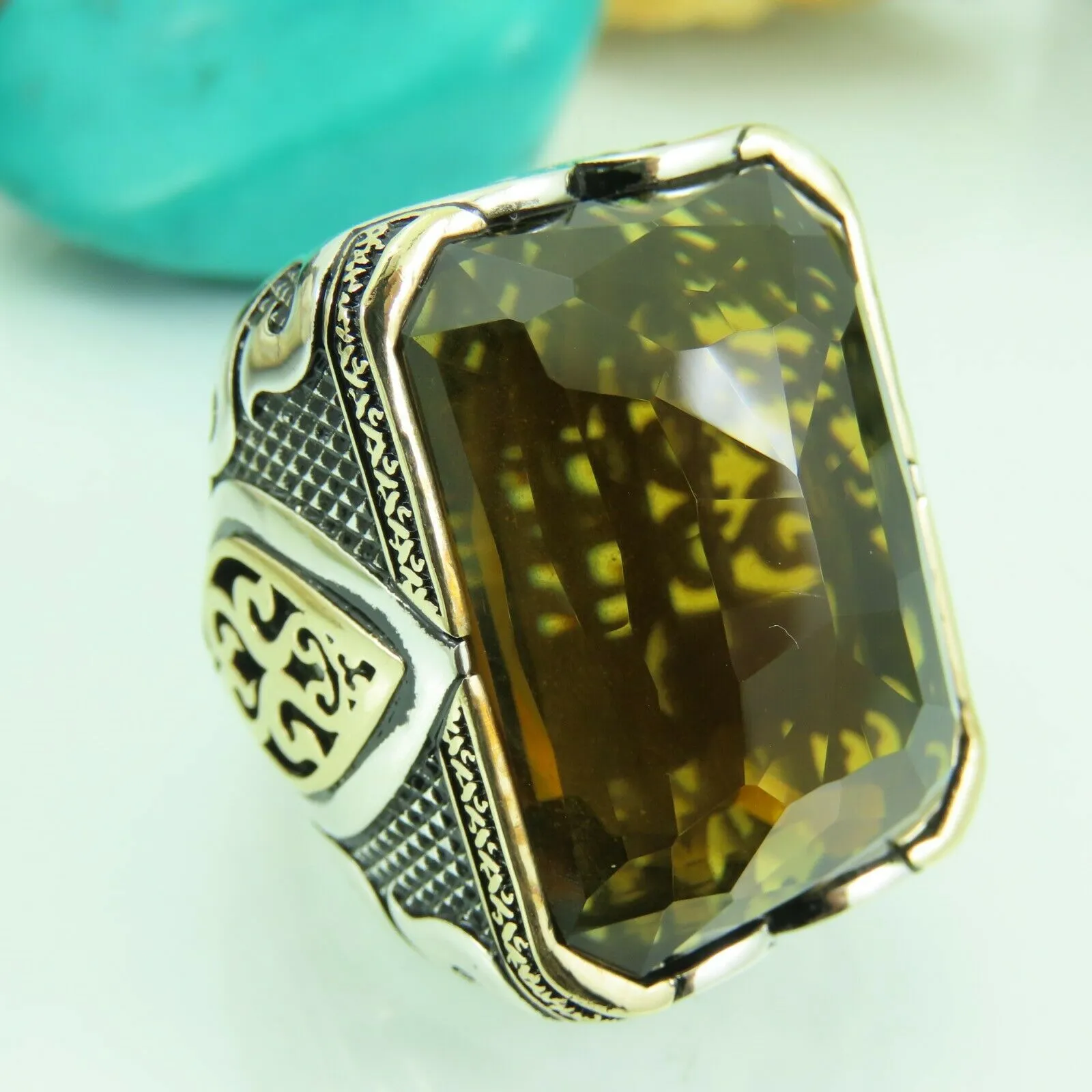 Turkish Handmade Jewelry 925 Sterling Silver Quartz Stone Mens Rings