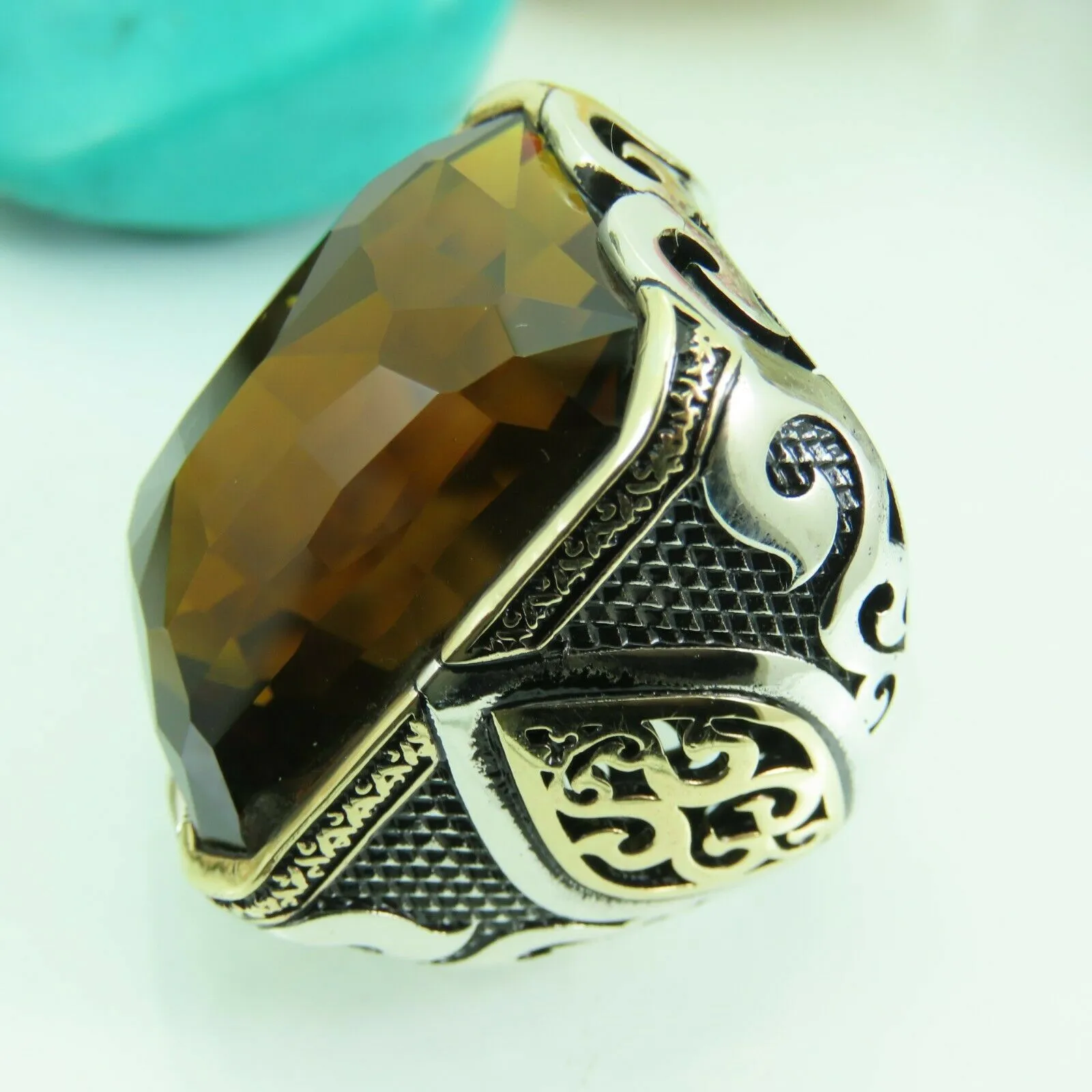 Turkish Handmade Jewelry 925 Sterling Silver Quartz Stone Mens Rings