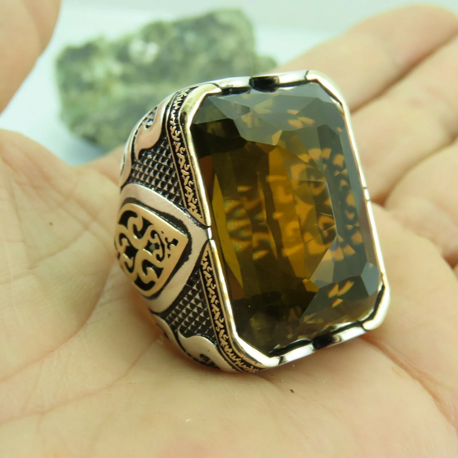 Turkish Handmade Jewelry 925 Sterling Silver Quartz Stone Mens Rings