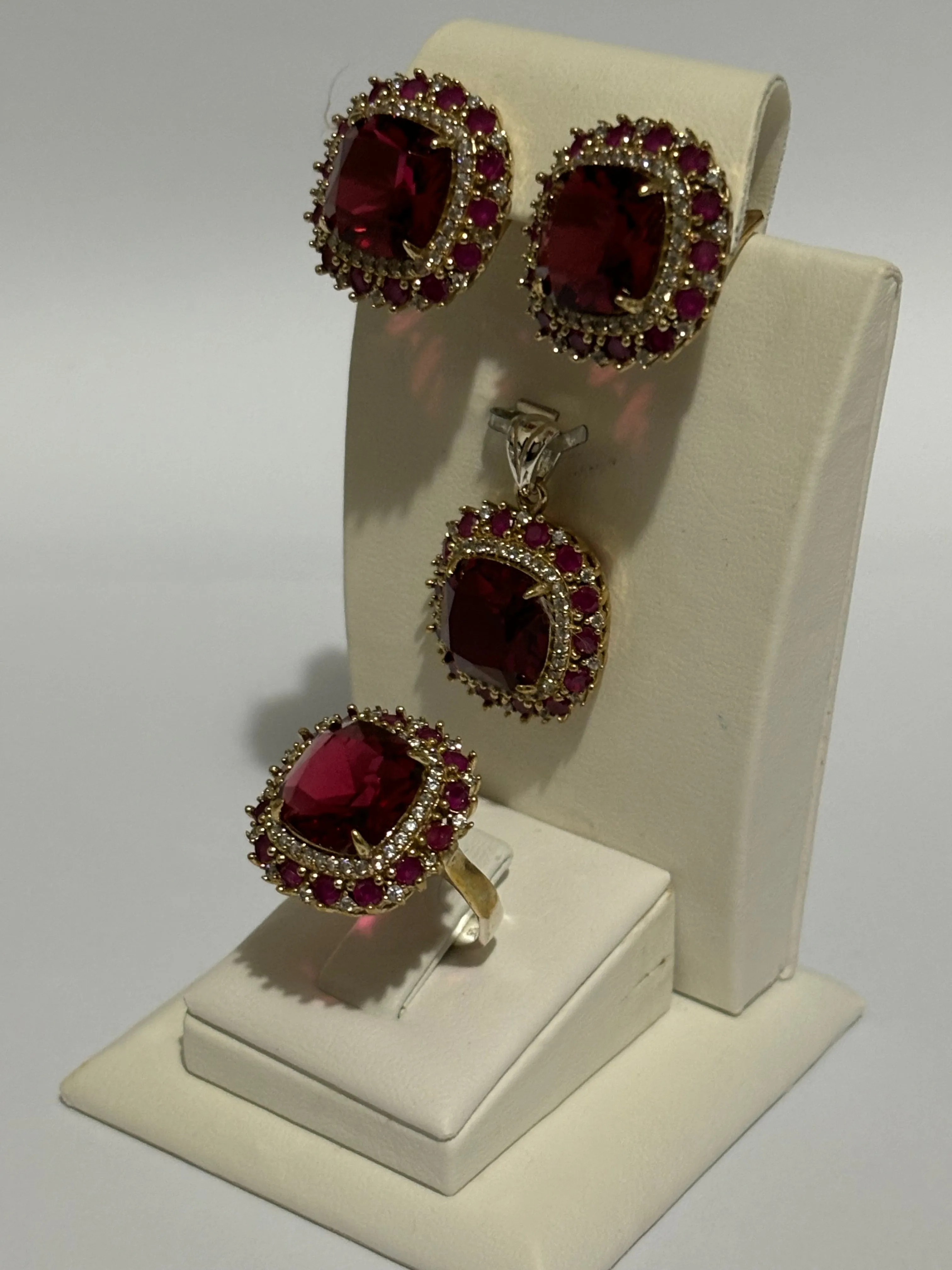 Turkish Handmade Jewelry 925 Sterling Silver Ruby Stone Women's Earrings & Ring Jewelry Set