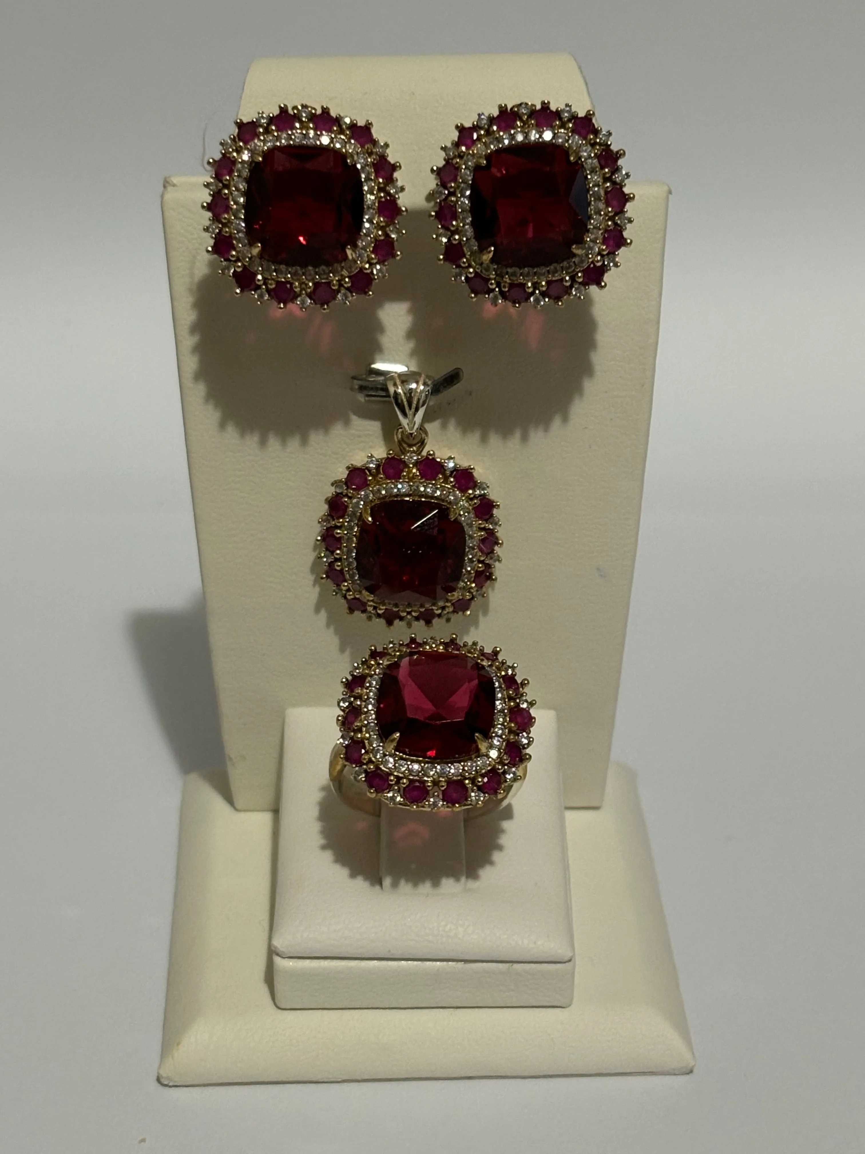 Turkish Handmade Jewelry 925 Sterling Silver Ruby Stone Women's Earrings & Ring Jewelry Set