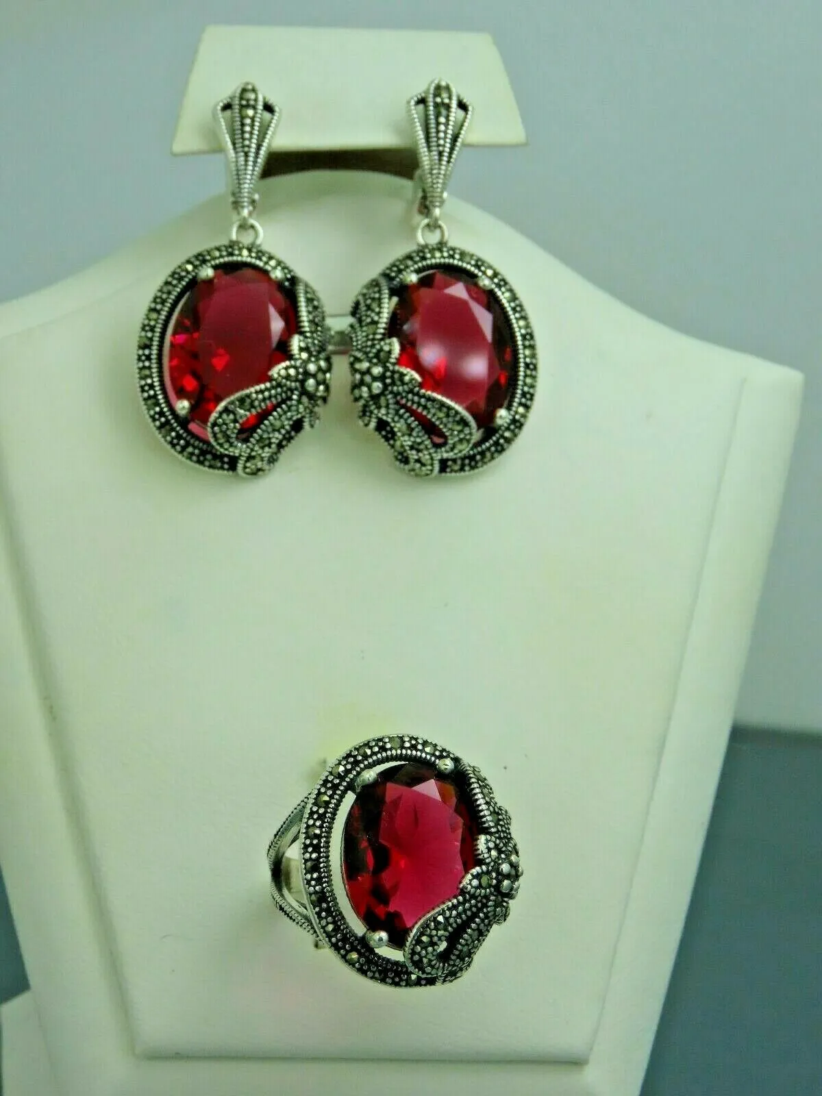 Turkish Handmade Jewelry 925 Sterling Silver Ruby Stone Women's Earrings & Ring Jewelry Set
