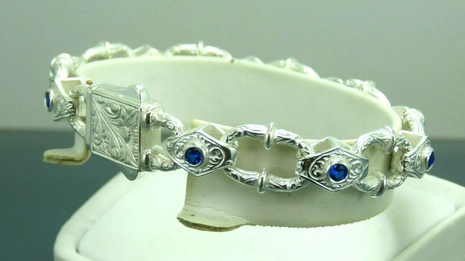 Turkish Handmade Jewelry 925 Sterling Silver Sapphire Stone Engraved Mens Bracelets