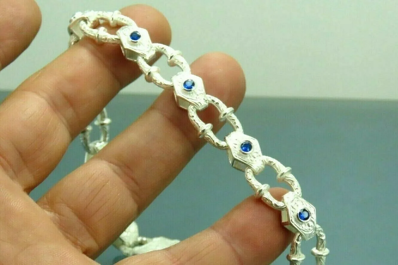 Turkish Handmade Jewelry 925 Sterling Silver Sapphire Stone Engraved Mens Bracelets