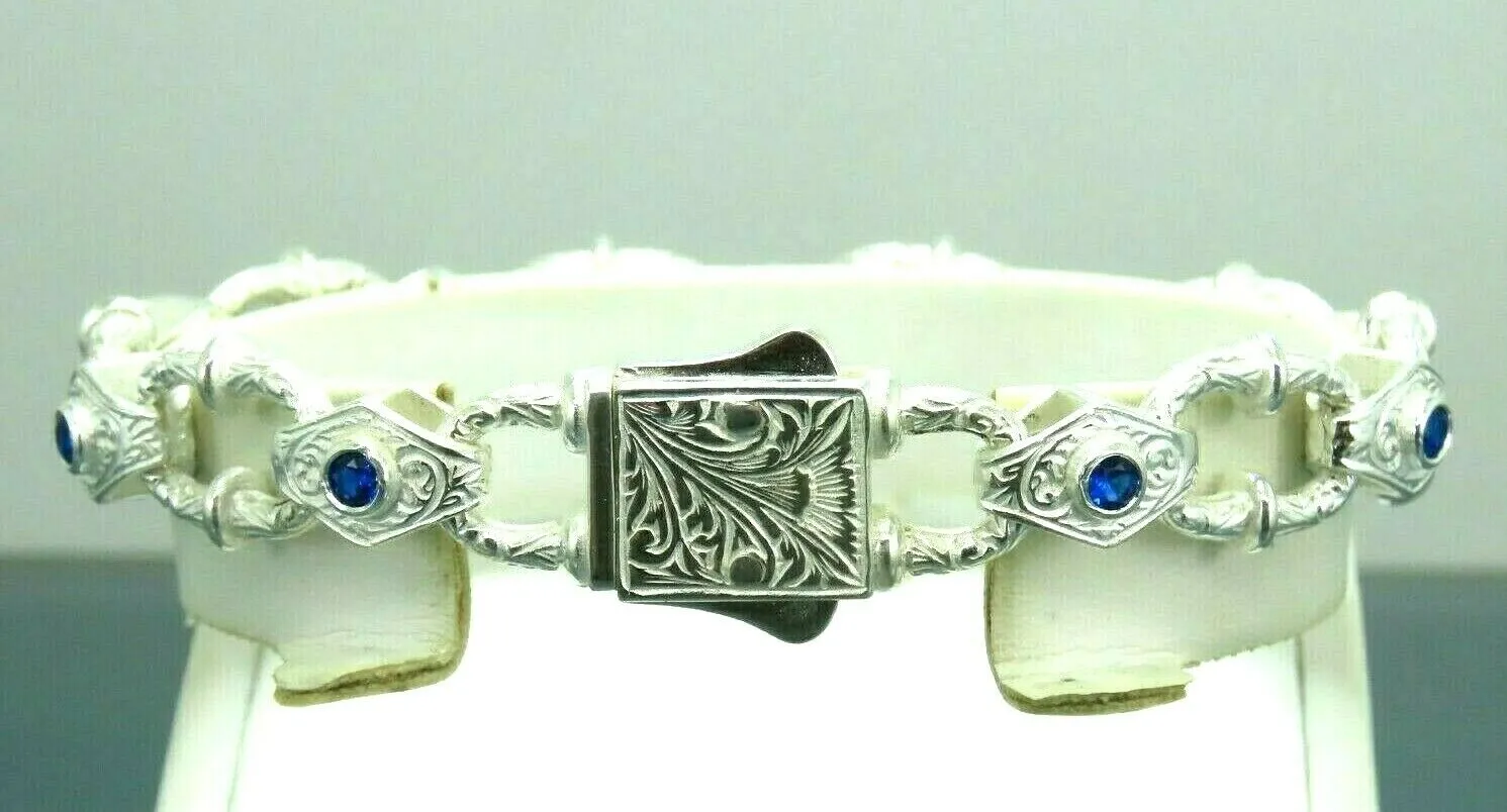 Turkish Handmade Jewelry 925 Sterling Silver Sapphire Stone Engraved Mens Bracelets