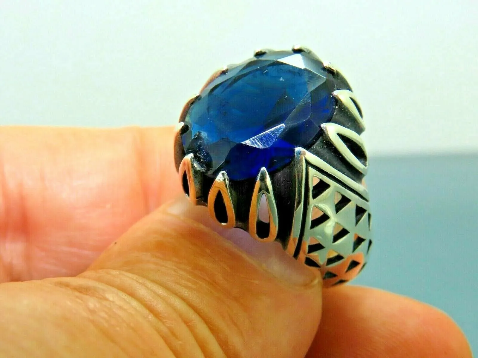 Turkish Handmade Jewelry 925 Sterling Silver Sapphire Stone Mens Rings