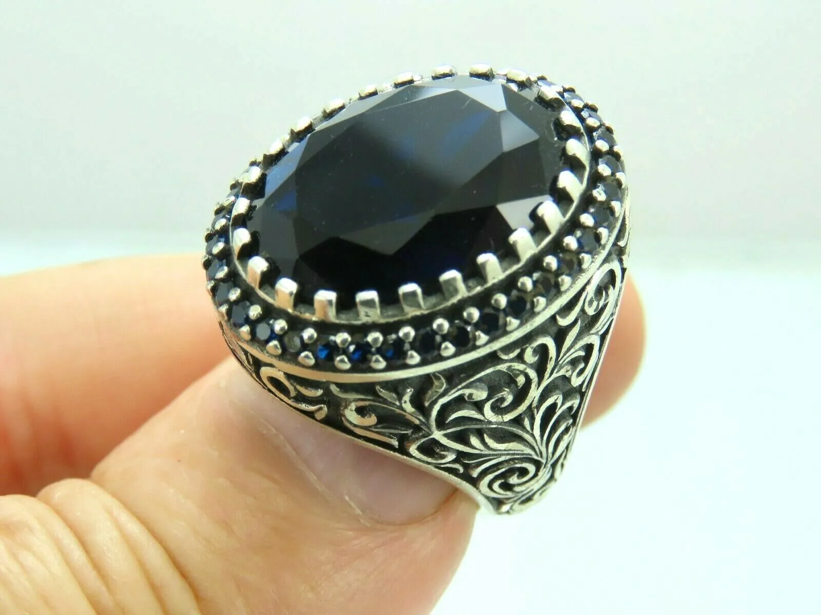 Turkish Handmade Jewelry 925 Sterling Silver Sapphire Stone Mens Rings