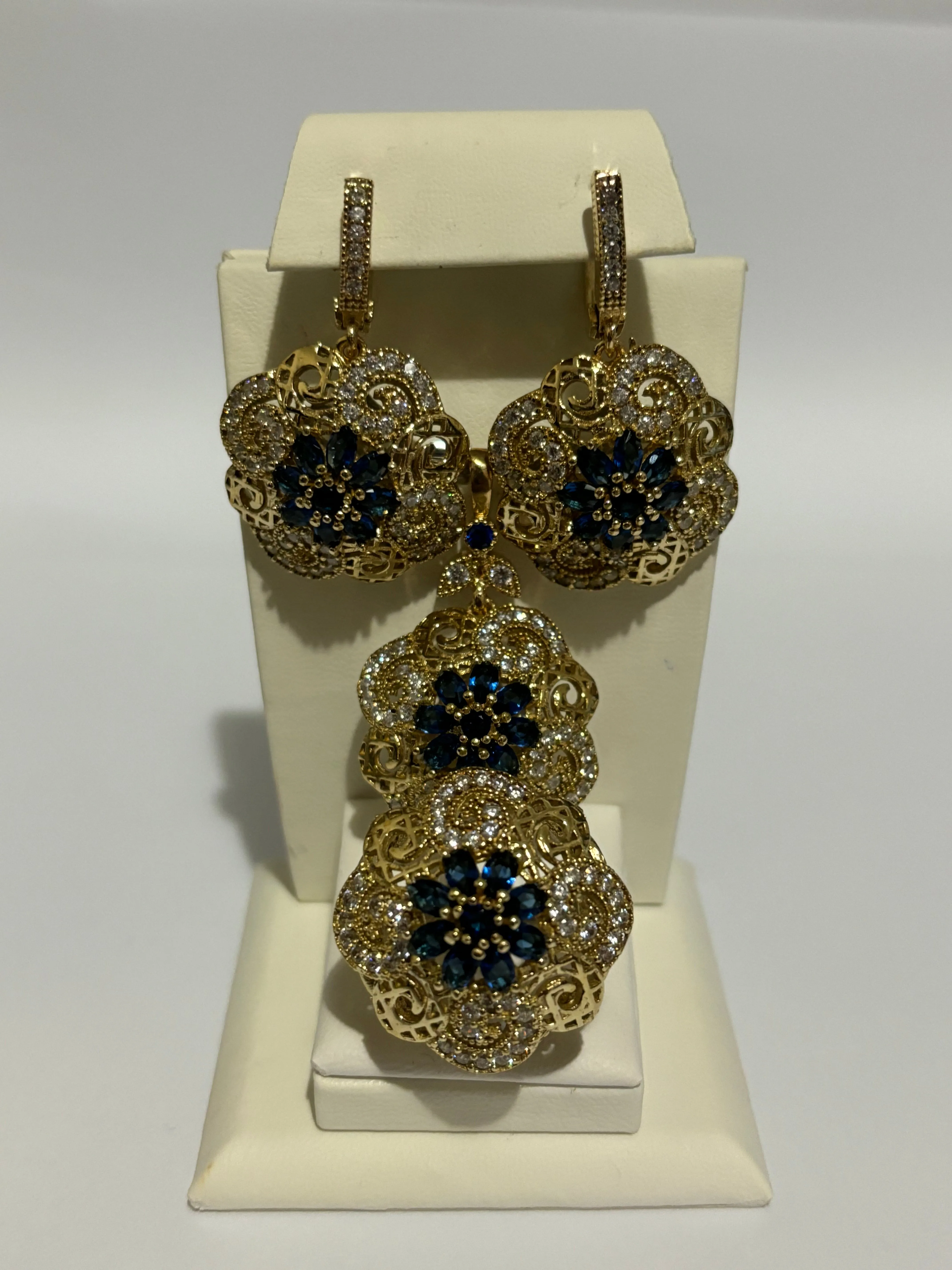 Turkish Handmade Jewelry 925 Sterling Silver Sapphire Stone Women's Earring & Pendant & Ring Jewelry Set