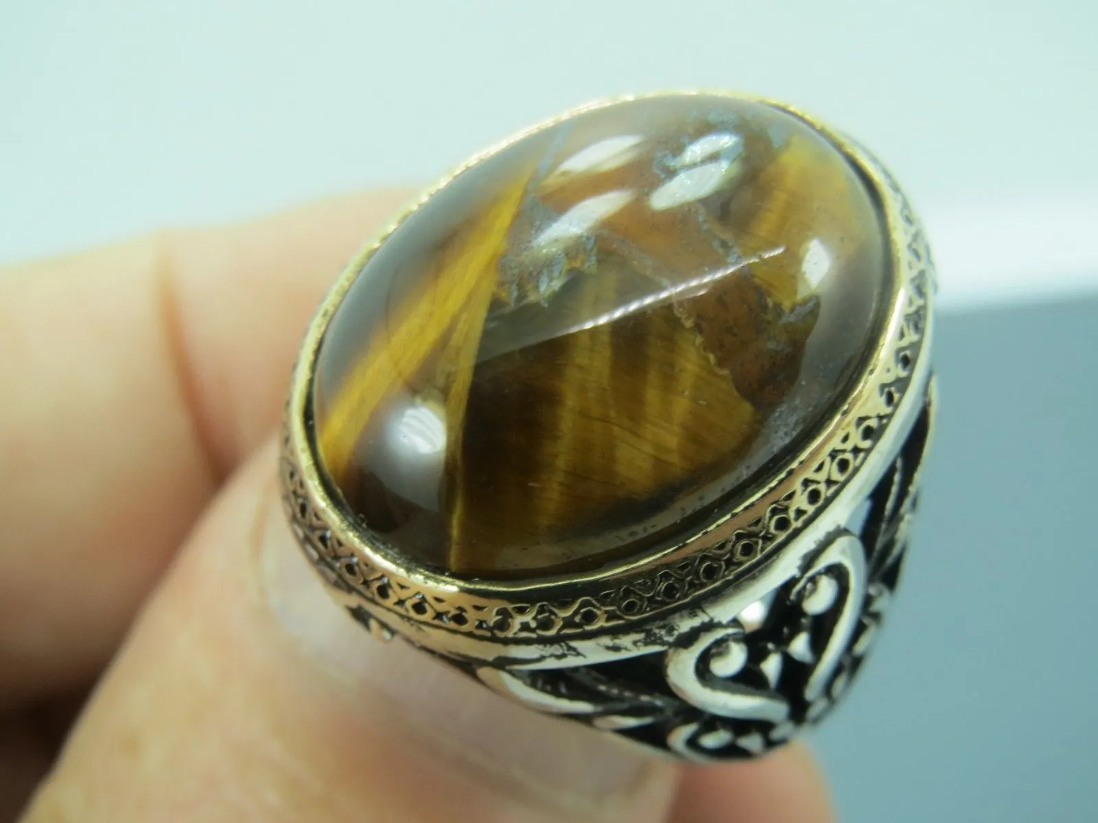 Turkish Handmade Jewelry 925 Sterling Silver Tiger's Eye Stone Mens Rings