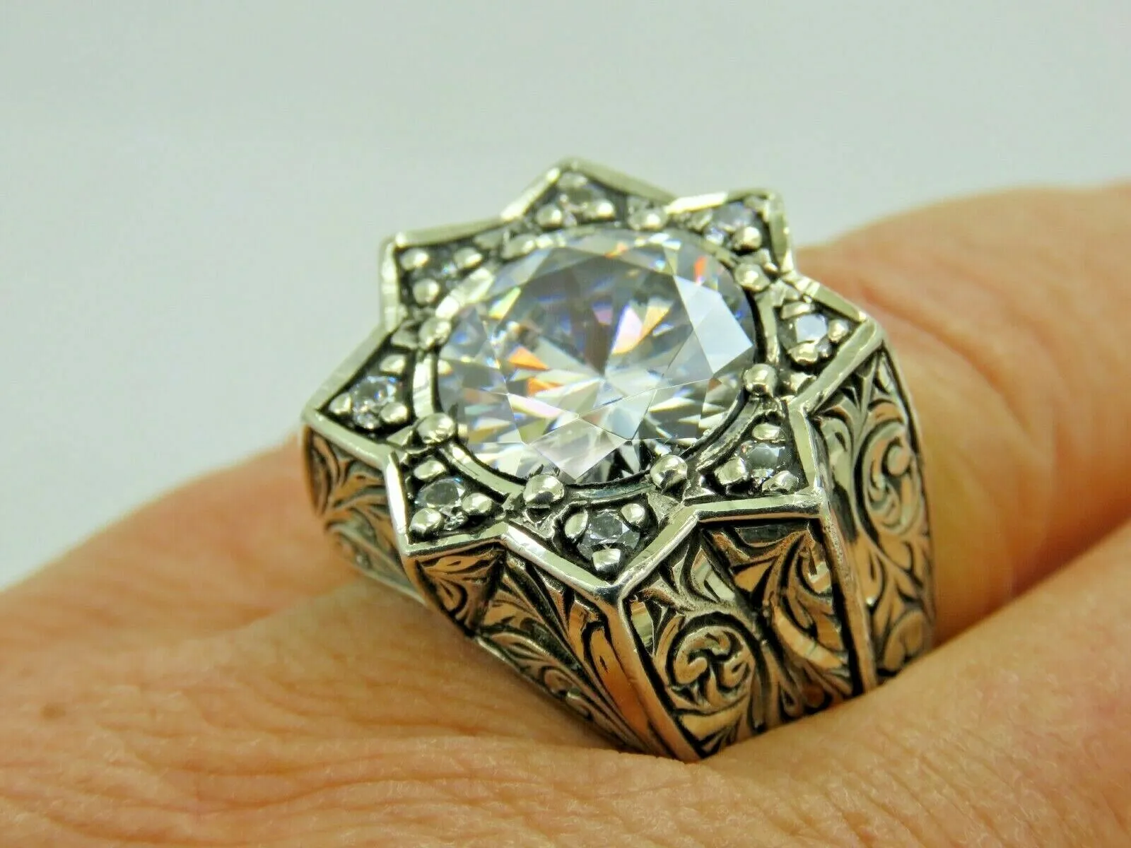 Turkish Handmade Jewelry 925 Sterling Silver Zircon Stone Engraved Mens Rings