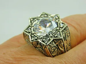 Turkish Handmade Jewelry 925 Sterling Silver Zircon Stone Engraved Mens Rings