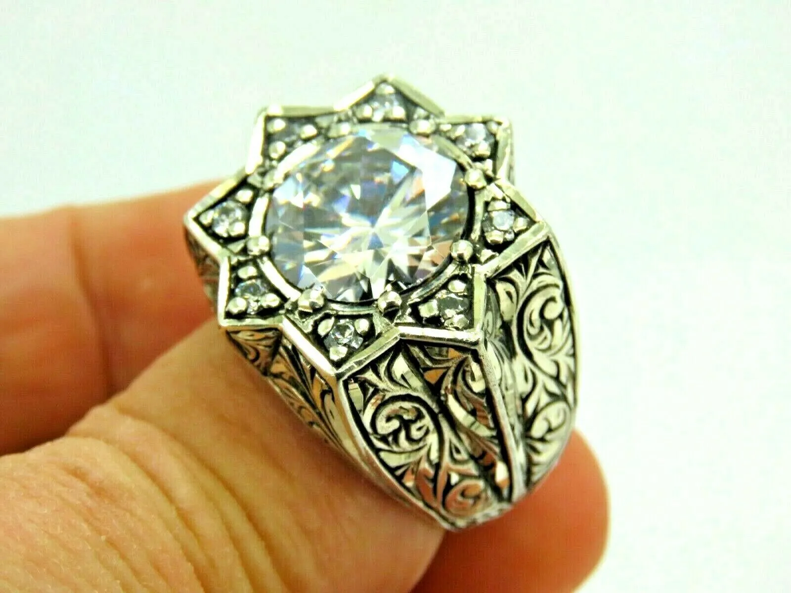 Turkish Handmade Jewelry 925 Sterling Silver Zircon Stone Engraved Mens Rings