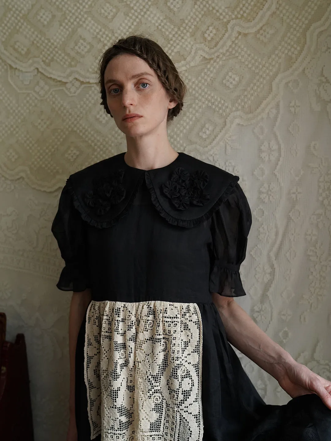Unlogical Poem Retro Style Handmade Yoyo Flower Patchwork Lace Dress