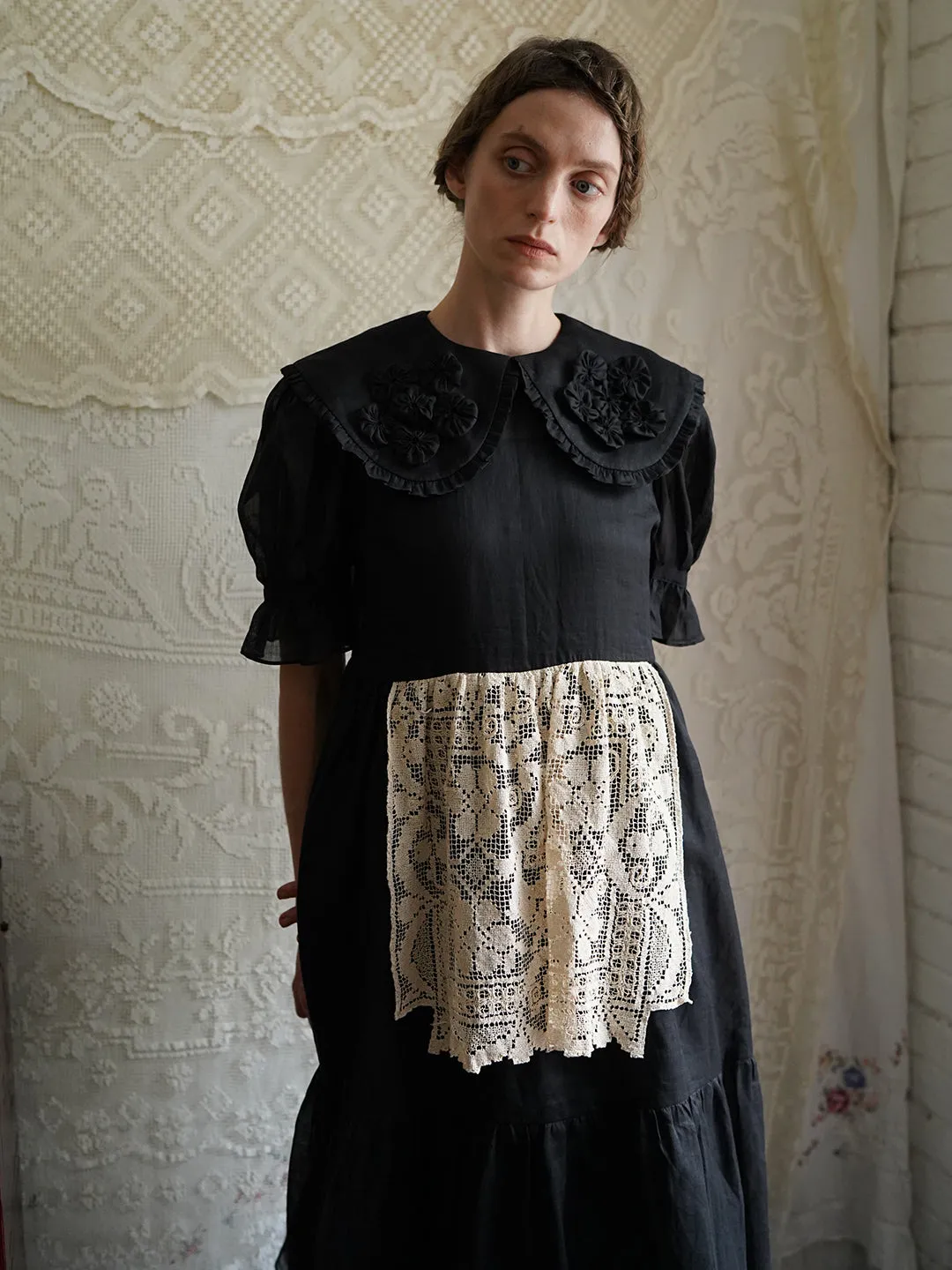 Unlogical Poem Retro Style Handmade Yoyo Flower Patchwork Lace Dress