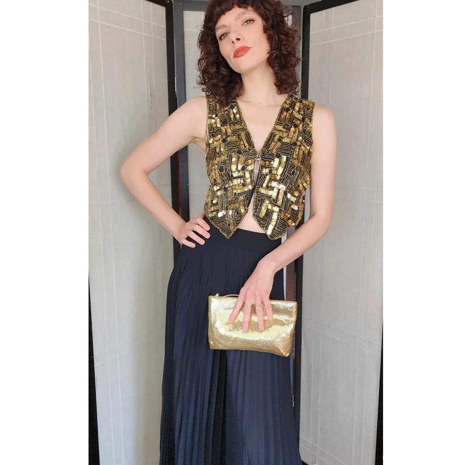 Vintage 70s Evening Bag in Gold Mesh Crossbody Whiting Davis