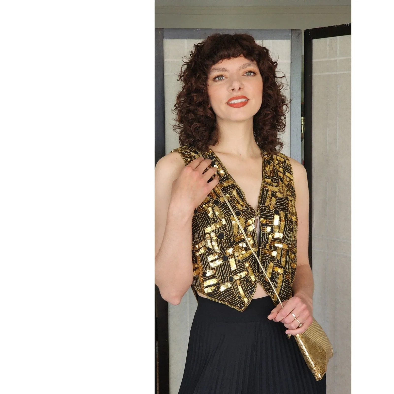 Vintage 70s Evening Bag in Gold Mesh Crossbody Whiting Davis