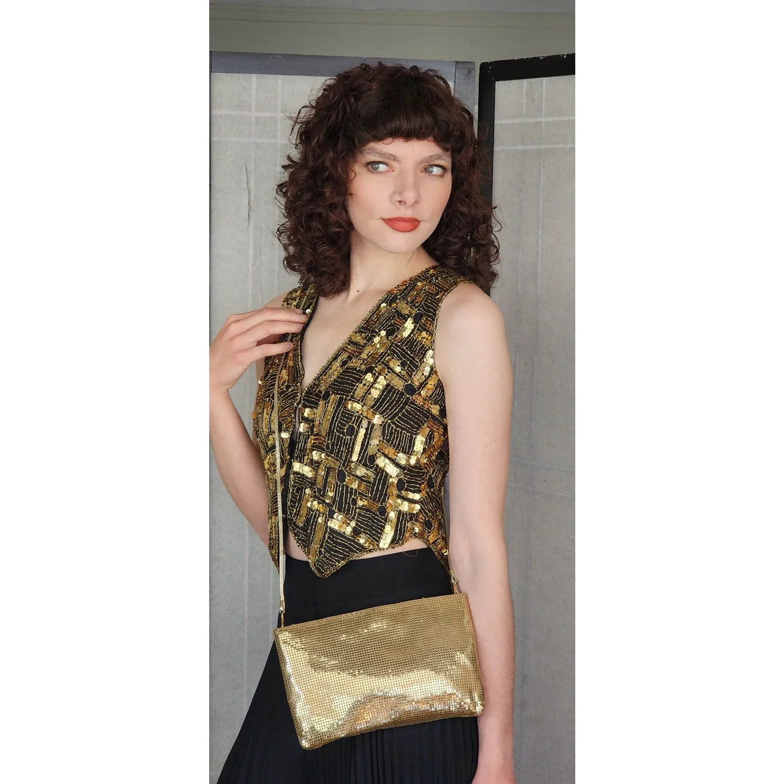 Vintage 70s Evening Bag in Gold Mesh Crossbody Whiting Davis