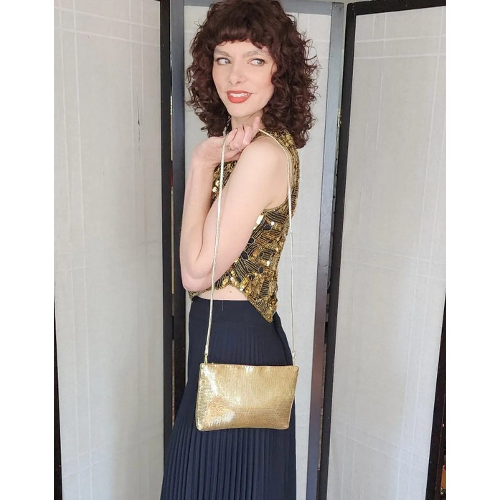 Vintage 70s Evening Bag in Gold Mesh Crossbody Whiting Davis