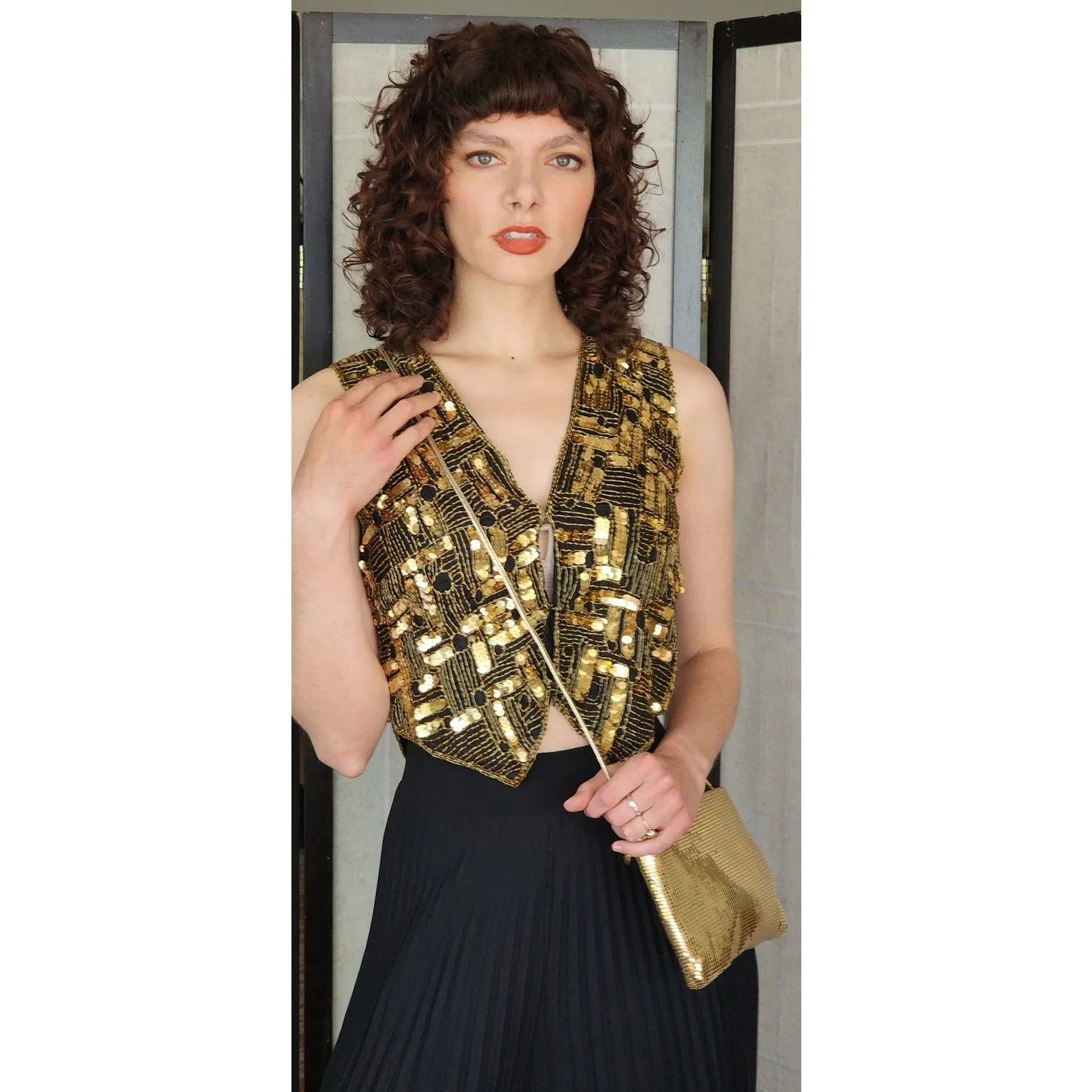 Vintage 70s Evening Bag in Gold Mesh Crossbody Whiting Davis