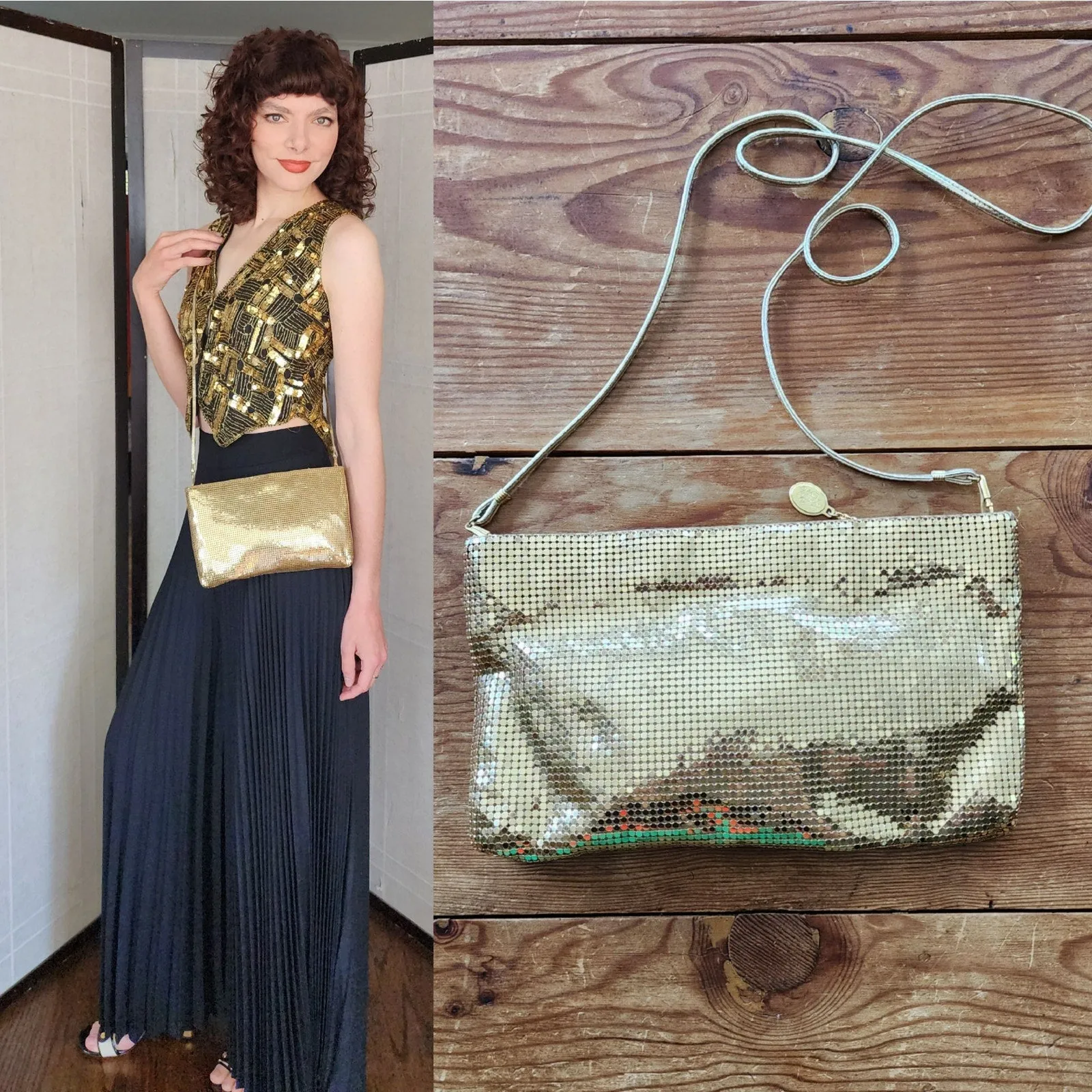 Vintage 70s Evening Bag in Gold Mesh Crossbody Whiting Davis