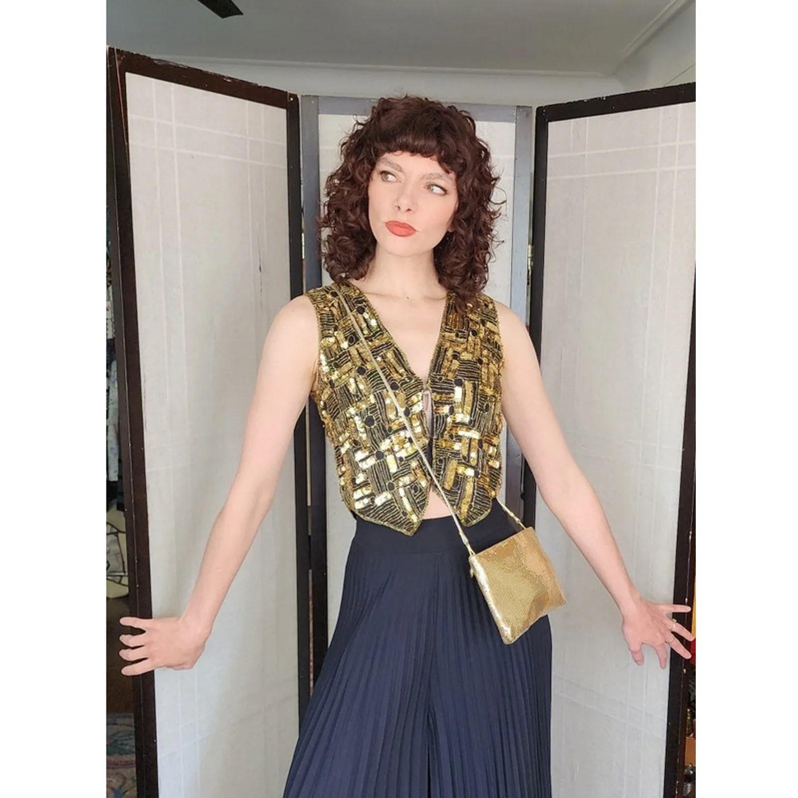 Vintage 70s Evening Bag in Gold Mesh Crossbody Whiting Davis