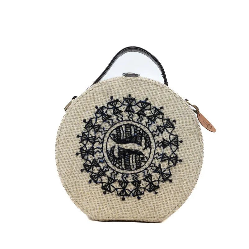 Warli Art hand embroidered round jute bag