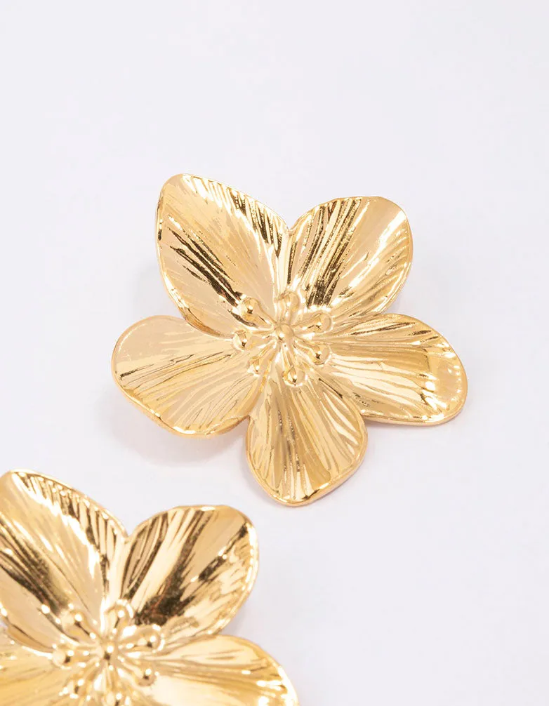 Waterproof Gold Plated Stainless Steel Textured Flower Stud Earrings