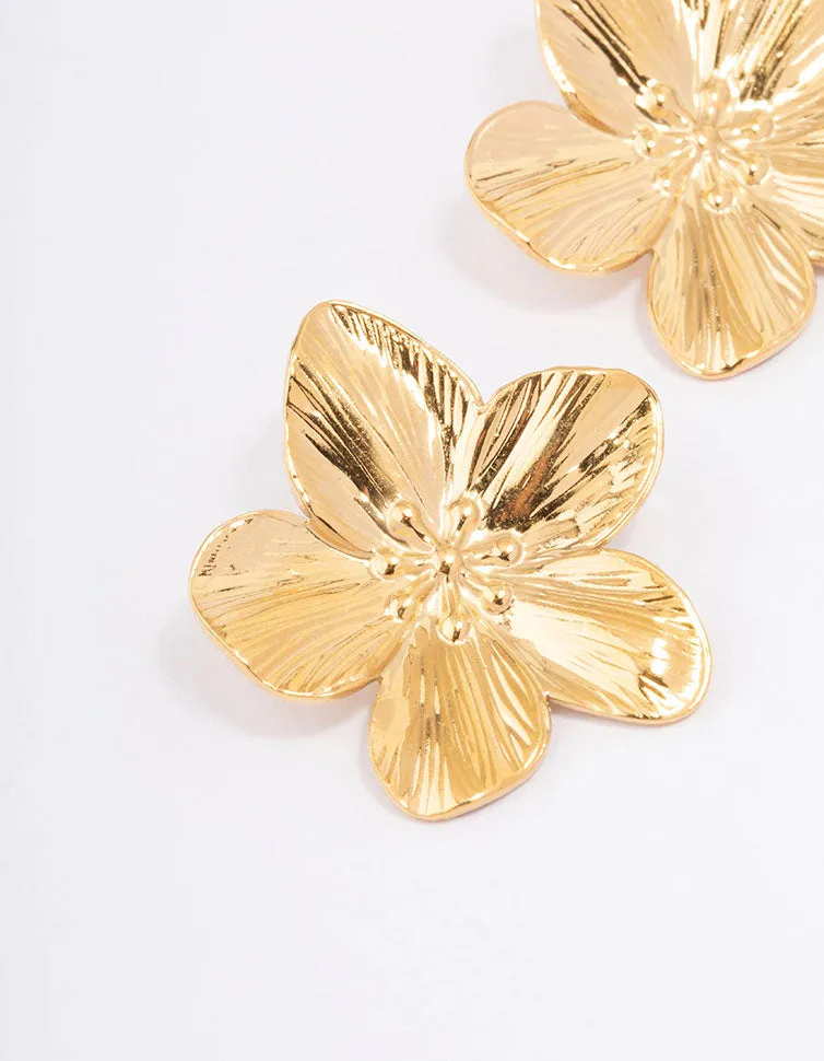 Waterproof Gold Plated Stainless Steel Textured Flower Stud Earrings