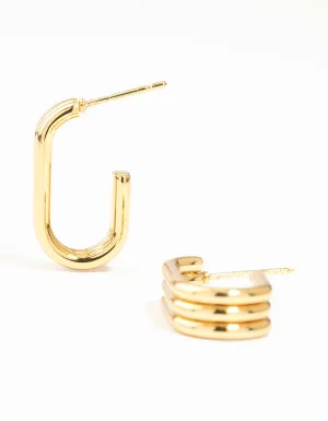 Waterproof Gold Plated Stainless Steel Triple Illusion Oval Hoop Earrings