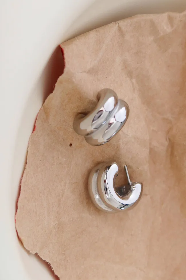 Waterproof Silver Chunky Double Hoop Earrings