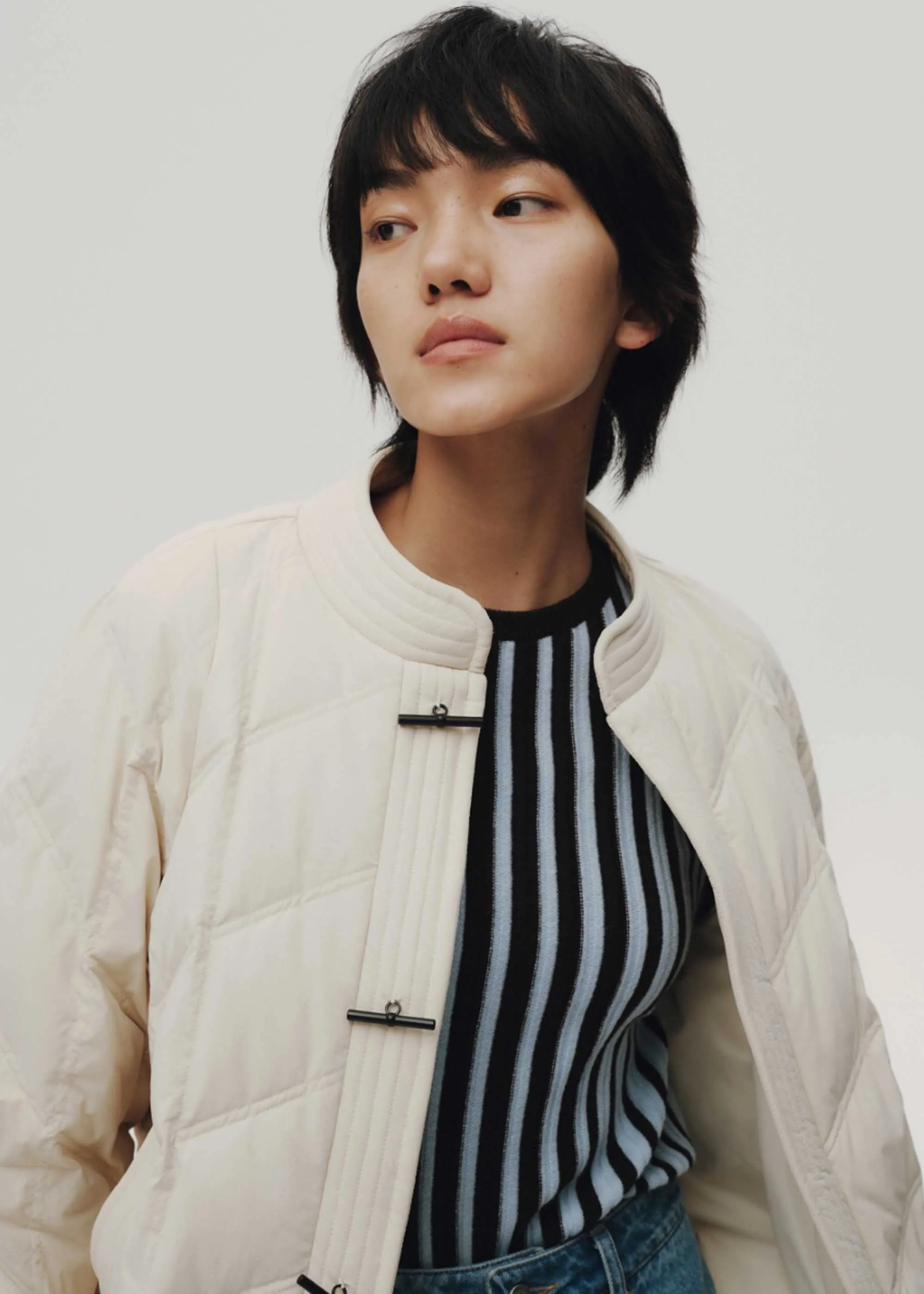 White Quilted Band Collar Jacket